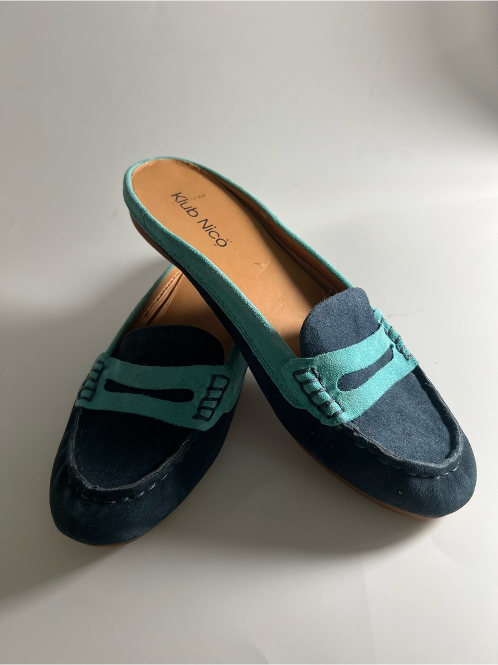 Klub Nico Women’s Teal and Navy Slip-On Suede Mules Size 6